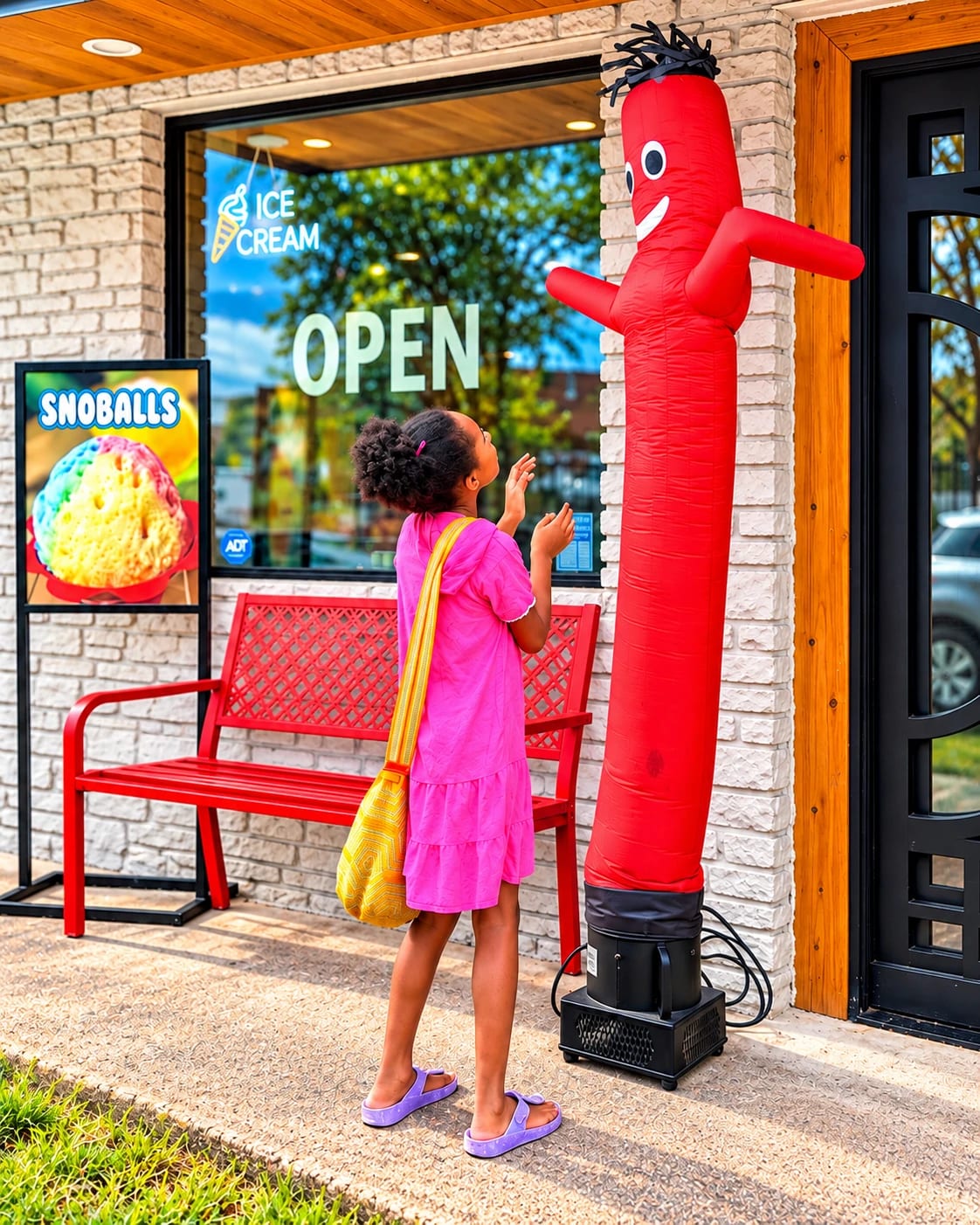 A child in a pink dress looks up at a tall red inflatable air dancer beside the red bench outside POParazzi's.