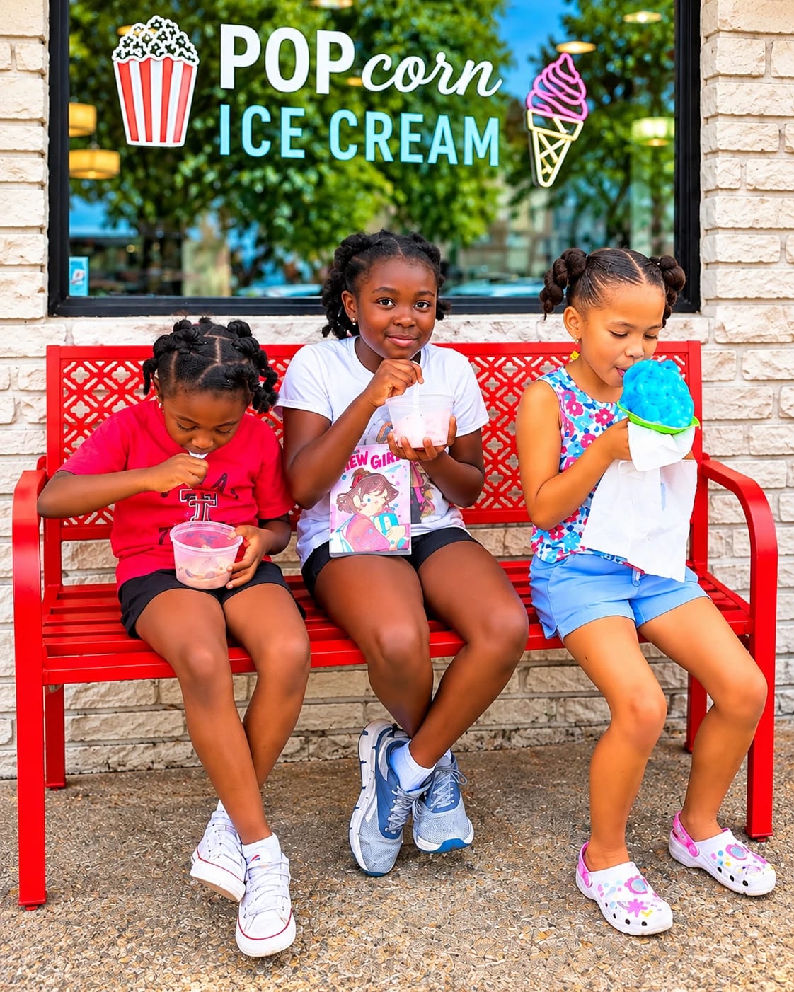 Three children sit on the red bench outside POParazzi's with sno balls and ice cream, under a popcorn and ice cream window decal.