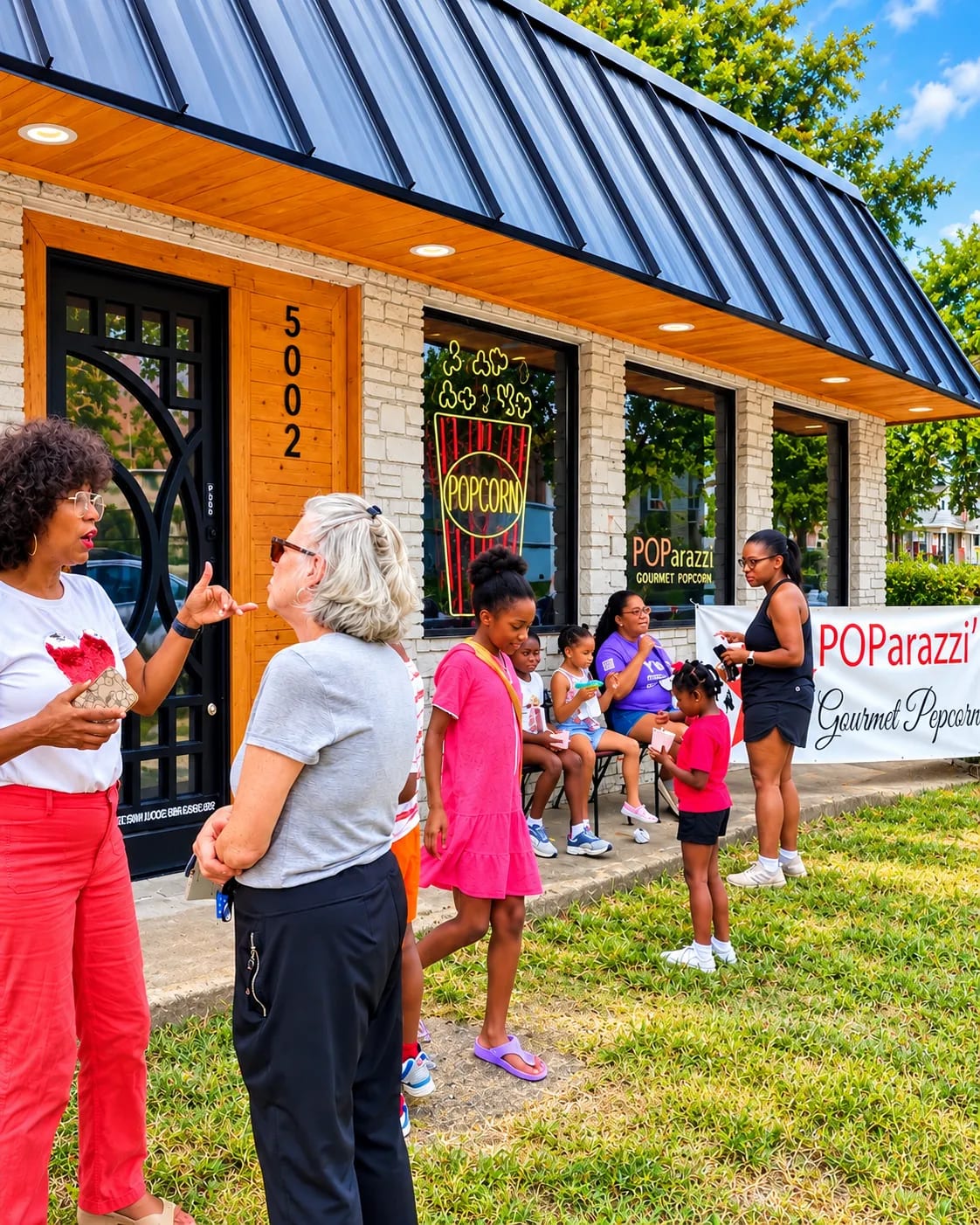 Neighbors talk on the lawn outside POParazzi's while families eat treats near the shop's banner and the 5002 street number.