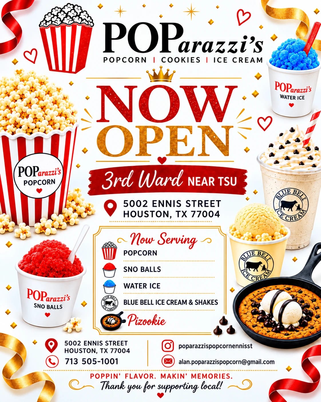 POParazzi's Now Open flyer for 5002 Ennis Street, Houston, Texas 77004, listing popcorn, sno balls, water ice, Blue Bell ice cream and shakes, and pizookie, with the phone number 713-505-1001.