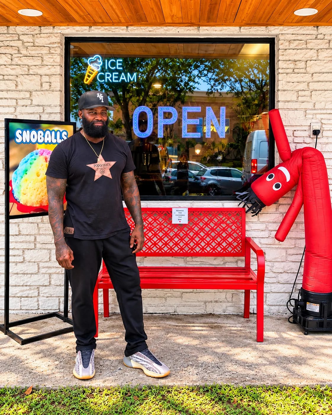 Alan Roland, owner of POParazzi's Gourmet Popcorn, stands outside his shop beside the red bench, under an ice cream neon sign and an OPEN sign in the window.