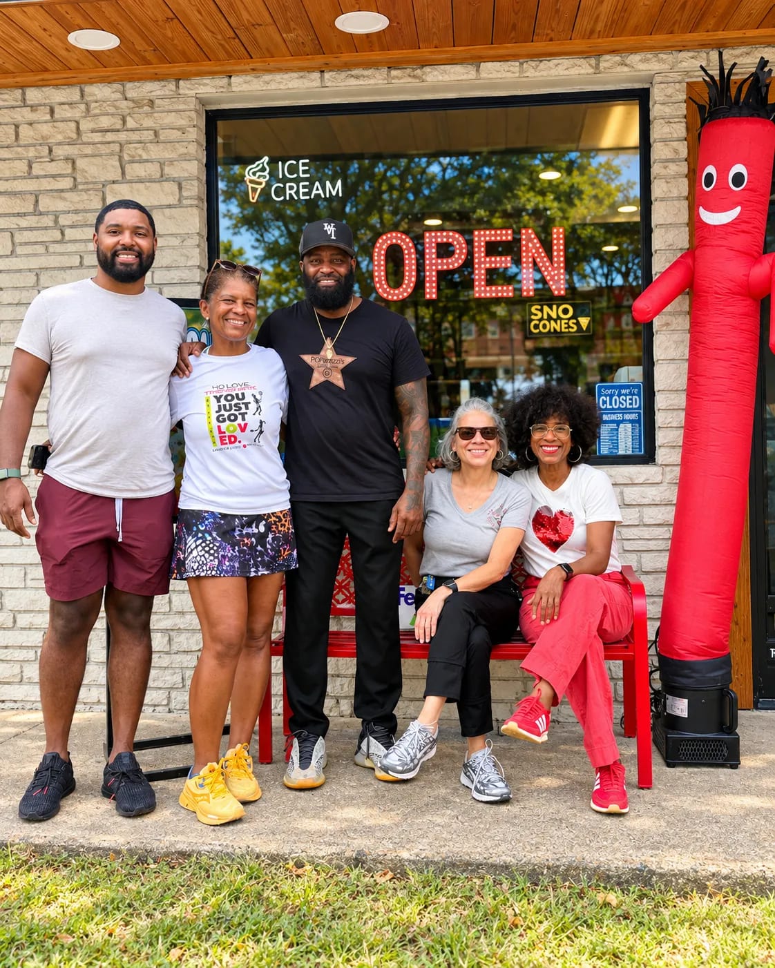 Owner Alan Roland and four Riverside Civic Association members pose together at the red bench outside POParazzi's.