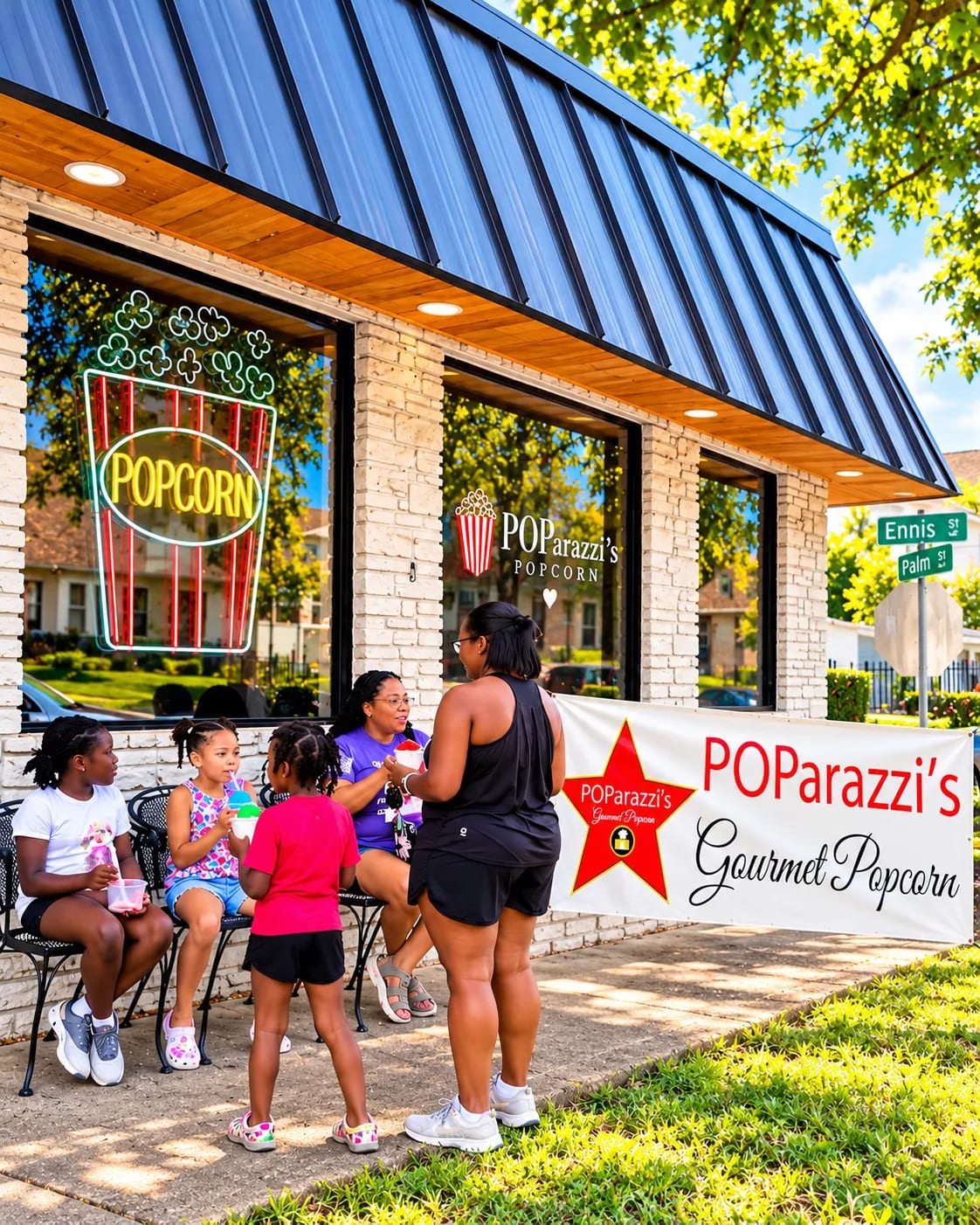 Families sit at tables outside POParazzi's beneath a neon popcorn sign and the shop's Gourmet Popcorn banner at the corner of Ennis and Palm streets.